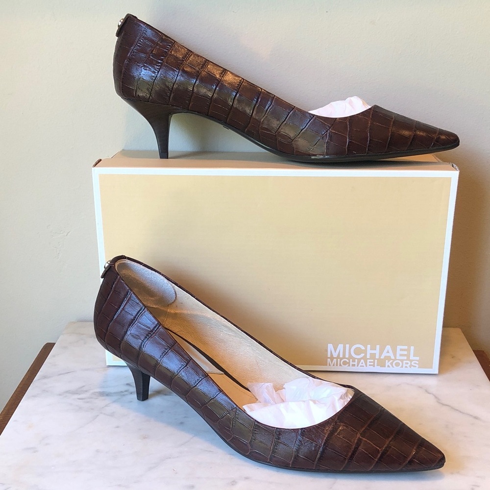 Michael Kors Dark Brown Croc-Embossed Pointed Kitten Heels